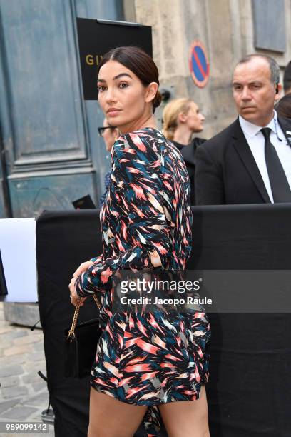 Lily Aldridge is seen arriving at Givenchy fashion show during Haute Couture Fall Winter 2018/2019 on July 1, 2018 in Paris, France.
