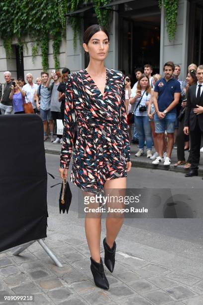 Lily Aldridge is seen arriving at Givenchy fashion show during Haute Couture Fall Winter 2018/2019 on July 1, 2018 in Paris, France.