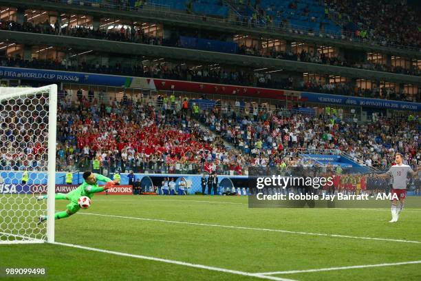 Danijel Subasic of Croatia saves the penalty of Christian Eriksen of Denmark during a penalty shootout during the 2018 FIFA World Cup Russia Round of...