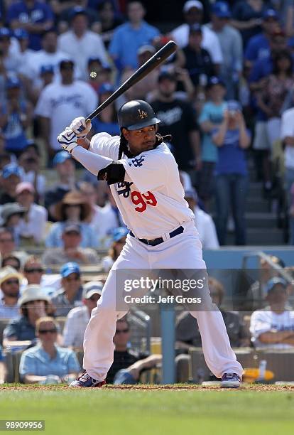 Manny Ramirez of the Los Angeles Dodgers bats against the San Francisco Giants at Dodger Stadium on April 18, 2010 in Los Angeles, California. The...