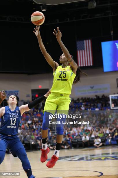 Glory Johnson of the Dallas Wings shoots the ball against the Minnesota Lynx on July 1, 2018 at College Park Center in Arlington, Texas. NOTE TO...