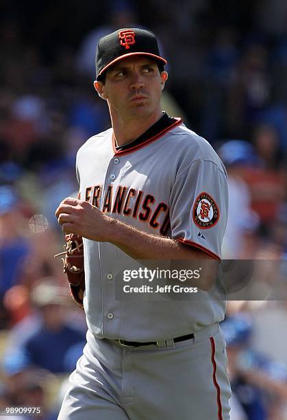 Barry Zito of the San Francisco Giants pitches against the Los Angeles Dodgers at Dodger Stadium on April 18, 2010 in Los Angeles, California. The...