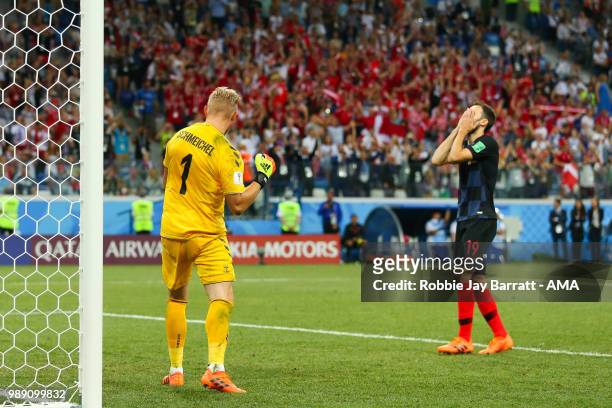 Kasper Schmeichel of Denmark celebrates saving the penalty of Milan Badelj of Croatia during a penalty shootout during the 2018 FIFA World Cup Russia...
