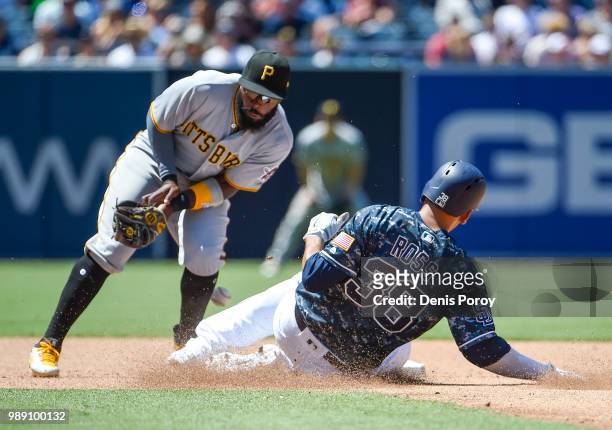 Tyson Ross of the San Diego Padres steals second base as Josh Harrison of the Pittsburgh Pirates drops the ball during the fourth inning a baseball...