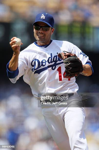 Jamey Carroll of the Los Angeles Dodgers plays against the San Francisco Giants at Dodger Stadium on April 18, 2010 in Los Angeles, California.