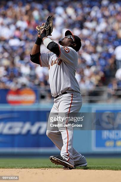 Juan Uribe of the San Francisco Giants plays against the Los Angeles Dodgers at Dodger Stadium on April 18, 2010 in Los Angeles, California. The...