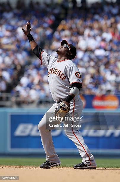 Juan Uribe of the San Francisco Giants plays against the Los Angeles Dodgers at Dodger Stadium on April 18, 2010 in Los Angeles, California. The...