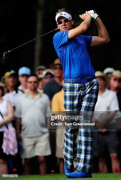 Ian Poulter of England hits a tee shot during the second round of THE PLAYERS Championship held at THE PLAYERS Stadium course at TPC Sawgrass on May...