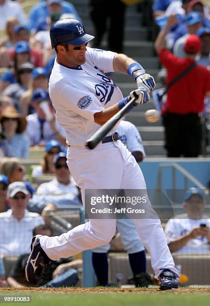 Casey Blake of the Los Angeles Dodgers bats against the San Francisco Giants at Dodger Stadium on April 18, 2010 in Los Angeles, California. The...