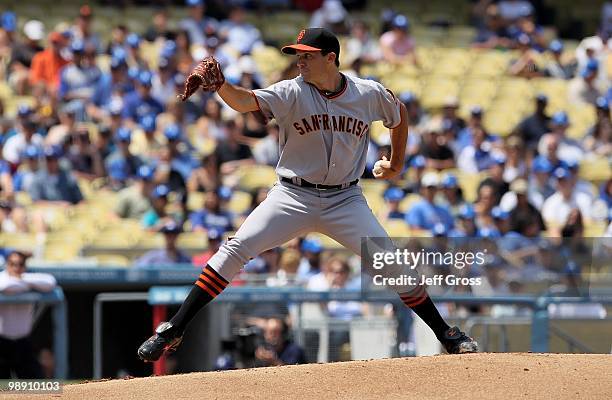 Barry Zito of the San Francisco Giants pitches against the Los Angeles Dodgers at Dodger Stadium on April 18, 2010 in Los Angeles, California. The...