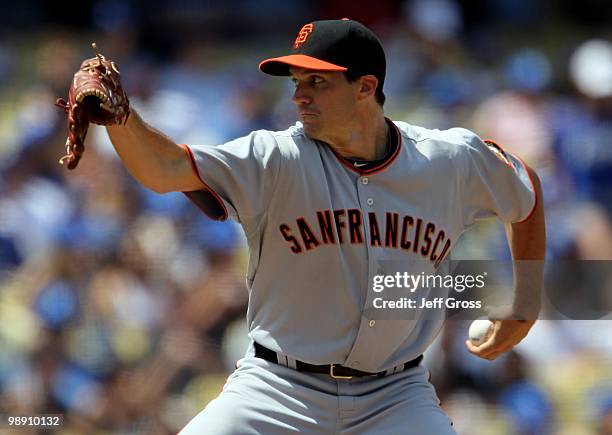 Barry Zito of the San Francisco Giants pitches against the Los Angeles Dodgers at Dodger Stadium on April 18, 2010 in Los Angeles, California. The...