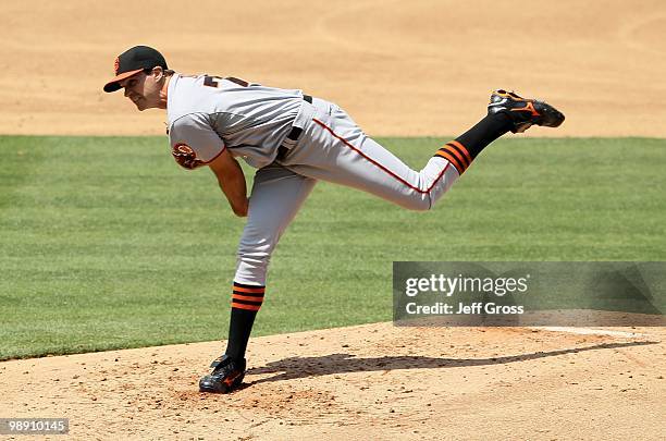 Barry Zito of the San Francisco Giants pitches against the Los Angeles Dodgers at Dodger Stadium on April 18, 2010 in Los Angeles, California. The...