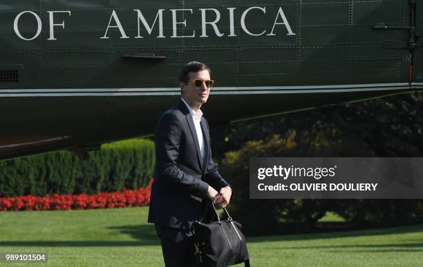 Jared Kushner, a senior adviser and son-in-law of US President Donald Trump, crosses the South Lawn upon arrival at the White House on July 1, 2018...