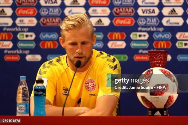 Kasper Schmeichel of Denmark speaks with the media following the 2018 FIFA World Cup Russia Round of 16 match between Croatia and Denmark at Nizhny...