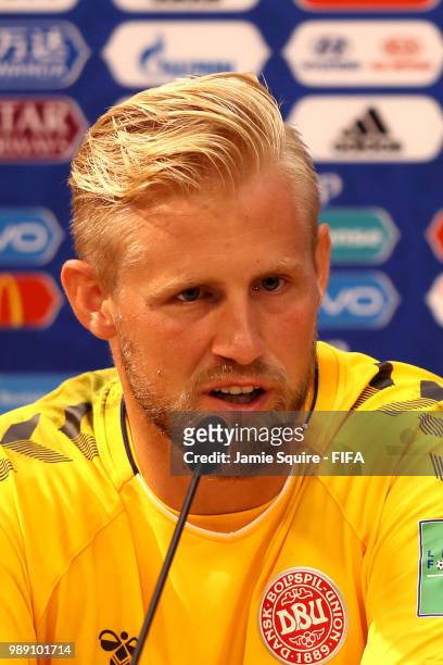 Kasper Schmeichel of Denmark speaks with the media following the 2018 FIFA World Cup Russia Round of 16 match between Croatia and Denmark at Nizhny...