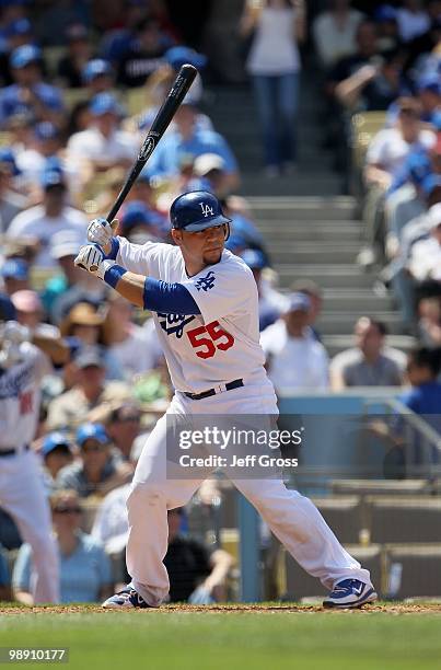 Russell Martin of the Los Angeles Dodgers bats against the San Francisco Giants at Dodger Stadium on April 18, 2010 in Los Angeles, California. The...