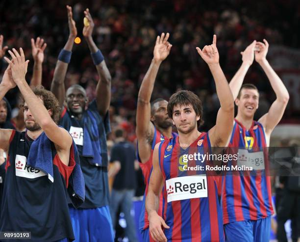 Ricky Rubio, #9 of Regal FC Barcelona celebrates after the Euroleague Basketball Senifinal 1 between Regal FC Barcelona vs CSKA Moscow at Bercy Arena...