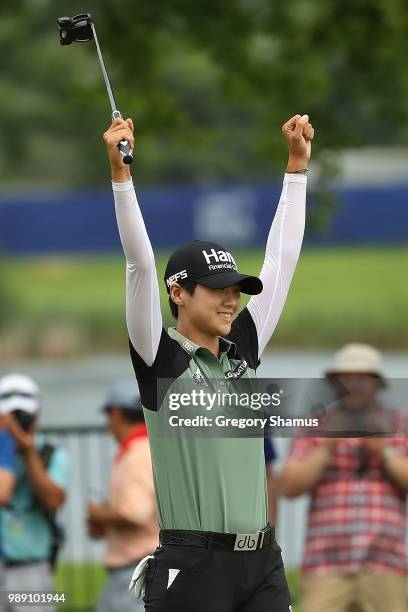 Sung Hyun Park of Korea reacts after making a birdie putt on the second playoff hole to win the 2018 KPMG PGA Championship at Kemper Lakes Golf Club...