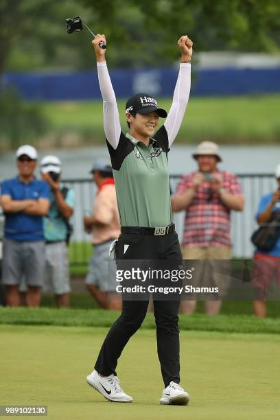 Sung Hyun Park of Korea reacts after making a birdie putt on the second playoff hole to win the 2018 KPMG PGA Championship at Kemper Lakes Golf Club...
