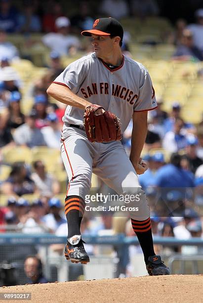 Barry Zito of the San Francisco Giants pitches against the Los Angeles Dodgers at Dodger Stadium on April 18, 2010 in Los Angeles, California. The...