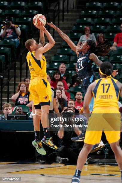 Candice Dupree of the Indiana Fever shoots the ball during the game against forward Jessica Breland of the Atlanta Dream on July 1, 2018 at Bankers...