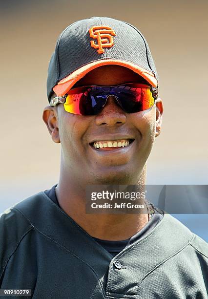 Edgar Renteria of the San Francisco Giants looks on prior to the start of the game against the Los Angeles Dodgers at Dodger Stadium on April 18,...