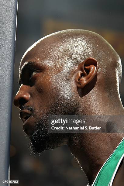 Kevin Garnett of the Boston Celtics stands near the base line before Game One of the Eastern Conference Semifinals against the Cleveland Cavaliers...