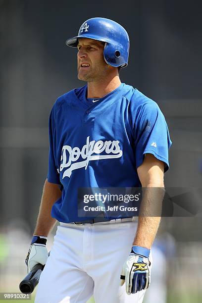 Casey Blake of the Los Angeles Dodgers looks on prior to the start of the game against the San Francisco Giants at Dodger Stadium on April 18, 2010...