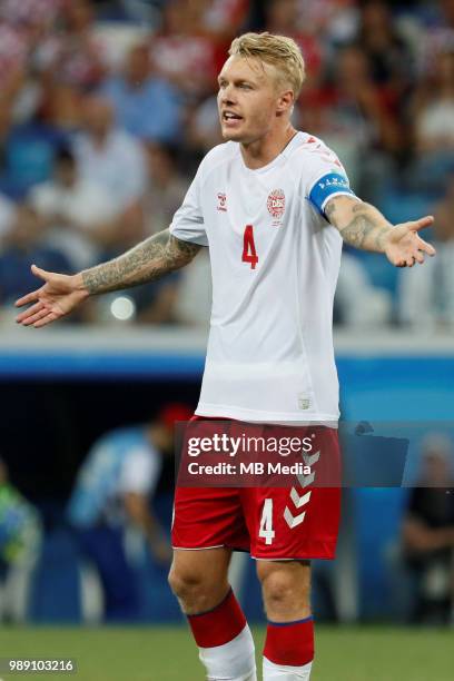 Simon Kjaer of Denmark national team gestures during the 2018 FIFA World Cup Russia Round of 16 match between Croatia and Denmark at Nizhny Novgorod...