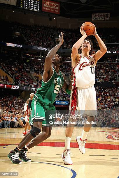 Anderson Varejao of the Cleveland Cavaliers goes up for a shot over Kevin Garnett of the Boston Celtics in Game One of the Eastern Conference...