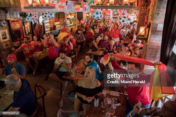 Soccer fans gathered at Tapas and Tintos, a restaurant in Miami Beach, Fla. Where fans gathered to watch Spain take on Russia during the 2018 FIFA...
