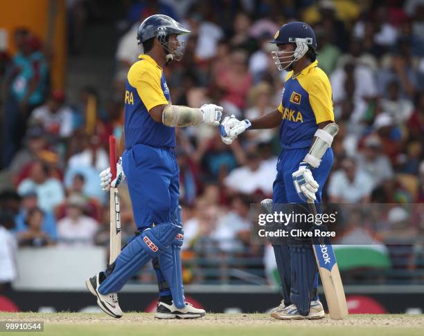 Kumar Sangakkara and Mahela Jayawardene of Sri Lanka during the ICC World Twenty20 Super Eight match between West Indies and Sri Lanka at the...