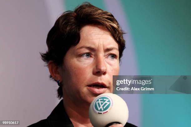 Maren Meinert, head coach of the German national women's U20 football team, talks on stage during the DFB Live at the Steigenberger Airport hotel on...