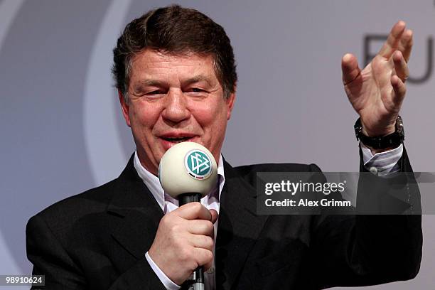 Otto Rehhagel, head coach of the Greece national football team, gestures during the DFB Live at the Steigenberger Airport hotel on May 7, 2010 in...