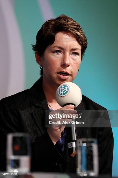 Maren Meinert, head coach of the German national women's U20 football team, talks on stage during the DFB Live at the Steigenberger Airport hotel on...