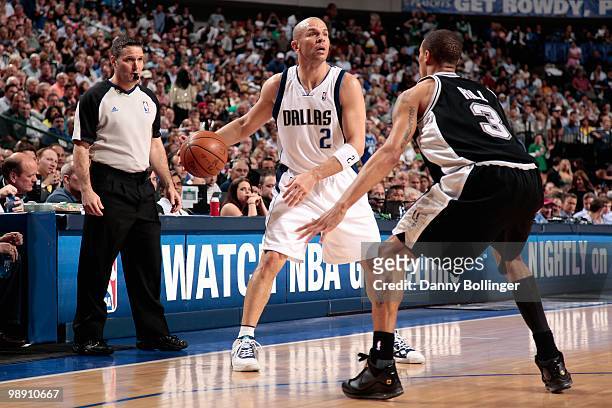 Jason Kidd of the Dallas Mavericks looks to pass over George Hill of the San Antonio Spurs in Game Five of the Western Conference Quarterfinals...