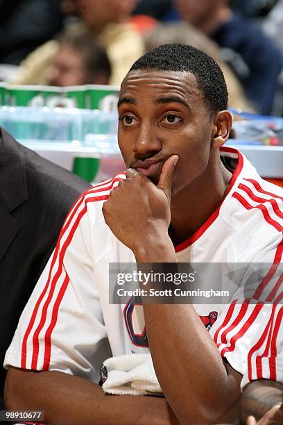 Jeff Teague of the Atlanta Hawks sits on the bench during the game against the Detroit Pistons on March 13, 2010 at Philips Arena in Atlanta,...