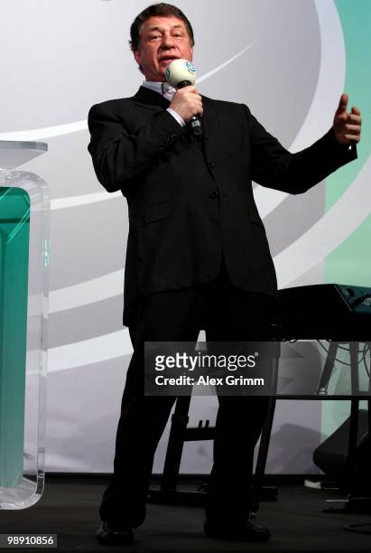 Otto Rehhagel, German head coach of the Greece national football team, gestures during the DFB Live at the Steigenberger Airport hotel on May 7, 2010...