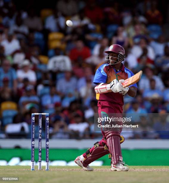 Shivnarine Chanderpaul of The West Indies hits out during The ICC World Twenty20 Super Eight Match between The West Indies and India played at The...