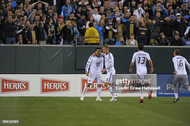 Jaime Moreno and Danny Allsopp of D.C. United celebrate during the game against the Philadelphia Union on April 10, 2010 at Lincoln Financial Field...