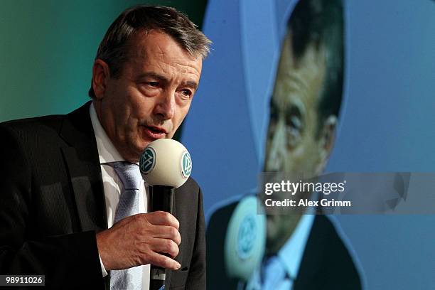 General secretary Wolfgang Niersbach talks during an interview with Jens Grittner at the DFB Live at the Steigenberger Airport hotel on May 7, 2010...