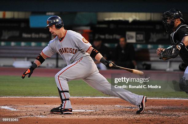 Aaron Rowand of the San Francisco Giants bats during a MLB game against the Florida Marlins in Sun Life Stadium on May 5, 2010 in Miami, Florida.