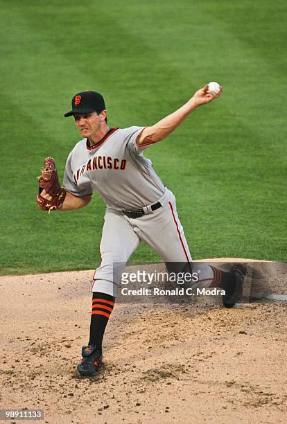 Pitcher Barry Zito of the San Francisco Giants pitches during a MLB game against the Florida Marlins in Sun Life Stadium on May 5, 2010 in Miami,...