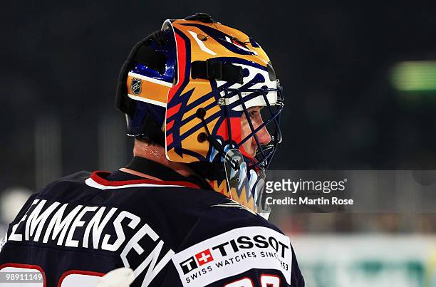 Scott Clemmensen, goalkeeper of USA looks dejected during the IIHF World Championship group D match between USA and Germany at Veltins Arena on May...