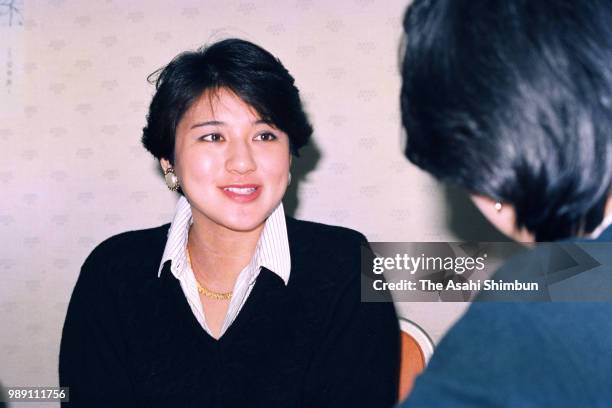 Masako Owada speaks during the Asahi Shimbun interview at the Foreign Ministry on December 23, 1987 in Tokyo, Japan.