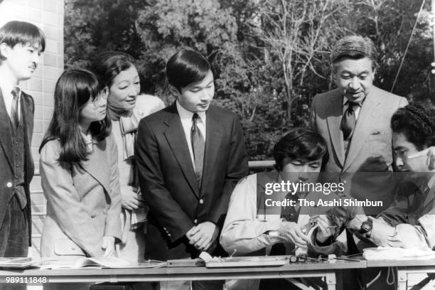 Crown Prince Akihito, Crown Princess Michiko, Prince Naruhito, Prince Fumihito and Princess Sayako visit the Yamashina Institute for Ornithology on...