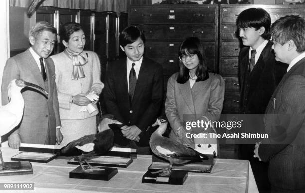 Crown Prince Akihito, Crown Princess Michiko, Prince Naruhito, Prince Fumihito and Princess Sayako visit the Yamashina Institute for Ornithology on...