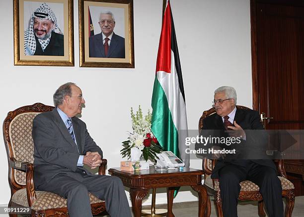 In this handout image from the Palestinian Press Office, Palestinian President Mahmoud Abbas receives U.S. Mideast envoy George Mitchell during their...