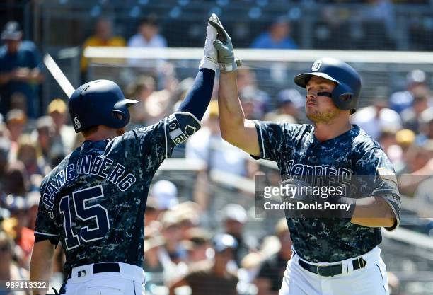 Hunter Renfroe of the San Diego Padres, right, is congratulated by Cory Spangenberg after hitting a solo home run during the fifth inning a baseball...