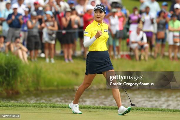 So Yeon Ryu of Korea reacts to a made birdie putt on the first playoff hole during the final round of the 2018 KPMG PGA Championship at Kemper Lakes...